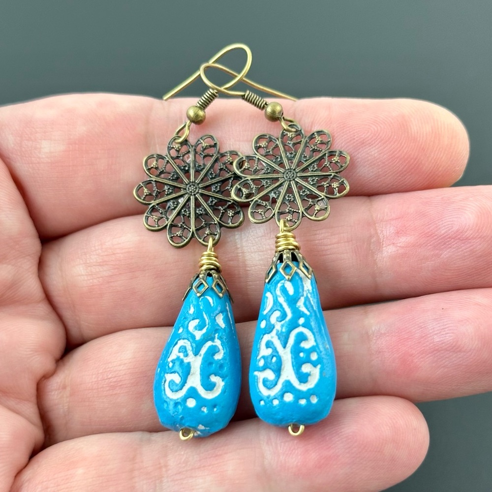 Handmade Boho Earrings, Blue and White Clay Teardrops with Brass Filigree